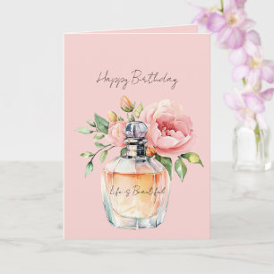 Hübsche Pfirsichrosen Parfümflasche Geburtstag Karte