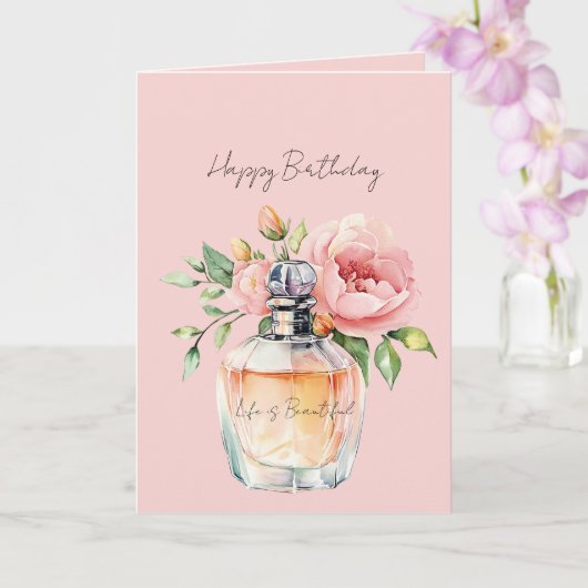 Hübsche Pfirsichrosen Parfümflasche Geburtstag Karte (Orchidee)