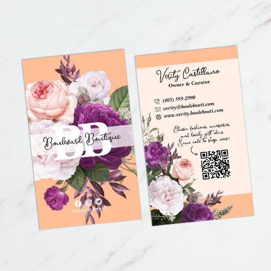 Hübsche PfirsichVintage Rose Blumencode QR-Boutiqu Visitenkarte