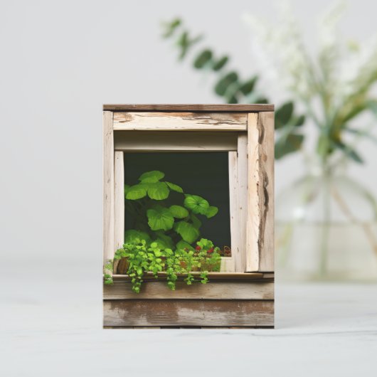 Hübsche Pflanze im rustikalen Fenster mit gewitter Postkarte (Stehend Vorderseite)
