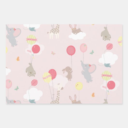 Hübsche Pink Animal Baby Dusche Mix and Match Geschenkpapier Set (Vorderseite)