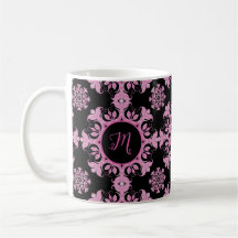 Hübsche Pink Black Floral Blätter Filigree Monogra