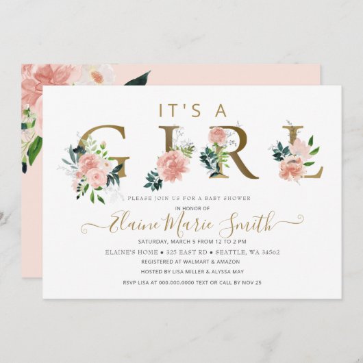 Hübsche Pink-Blume Blumenmädchen-Kinderdusche Einladung (Vorne/Hinten)