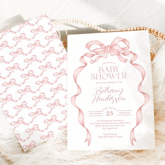 Hübsche Pink Bow Ribbon Girl Babydusche Einladung