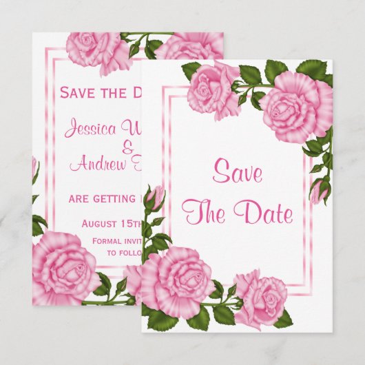 Hübsche Pink Corner Bouquets Hochzeit speichern da Einladung (Vorne/Hinten)