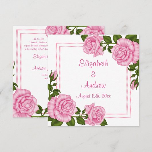 Hübsche Pink Corner Bouquets Wedding Einladung (Vorne/Hinten)