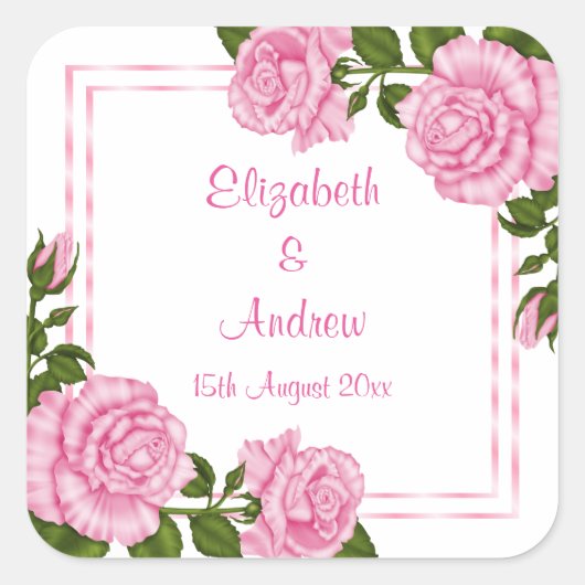 Hübsche Pink Corner Bouquets Wedding Quadratischer Aufkleber (Vorderseite)