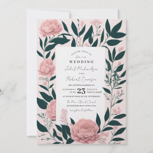 Hübsche Pink Emerald Rose Peonies Wedding Einladung (Vorderseite)