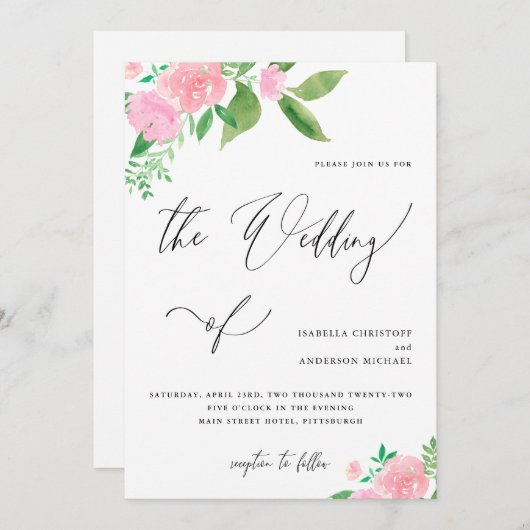 Hübsche Pink Floral Bouquet Calligrafy Wedding Einladung (Vorne/Hinten)