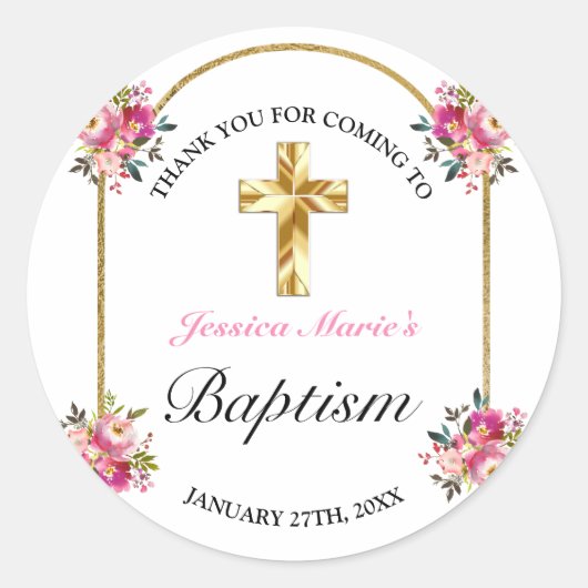 Hübsche PInk Floral Gold Cross Taufe Vielen Dank Runder Aufkleber (Vorderseite)