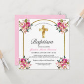 Hübsche PInk Floral Gold Cross Taufen Einladung (Vorderseite/Rückseite Beispiel)