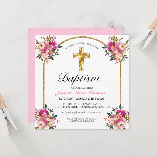Hübsche PInk Floral Gold Cross Taufen Einladung (Vorderseite/Rückseite Beispiel)