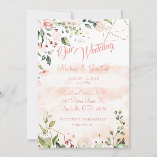 Hübsche Pink Floral Script Hochzeit Einladung (Vorderseite)