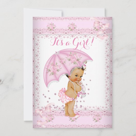 Hübsche Pink Girl Baby Dusche Blumenschirm BR Einladung (Vorderseite)