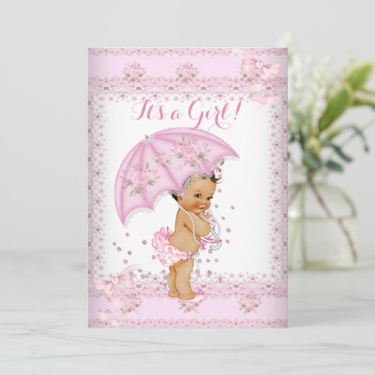Hübsche Pink Girl Baby Dusche Blumenschirm BR Einladung (Stehend Vorderseite)