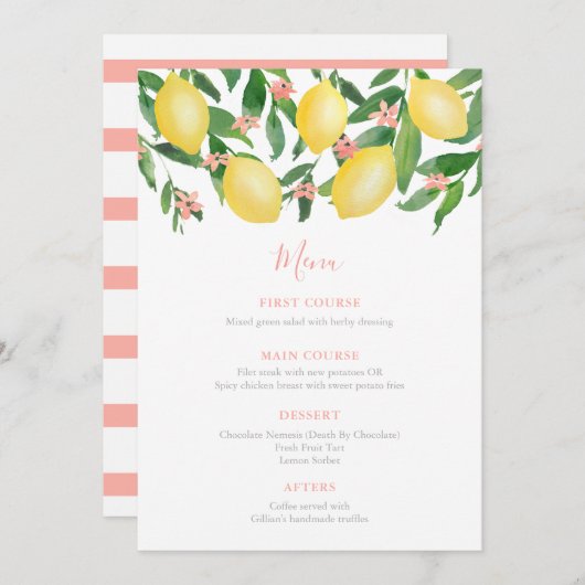 Hübsche Pink Lemons Citrus Babydusche für Mädchen Menükarte (Vorne/Hinten)