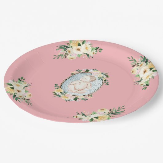 Hübsche Pink Neugeborenenmädchendusche Pappteller (Schrägansicht)