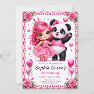 Hübsche Pink Panda & Prinzessin Geburtstagseinladu Einladung