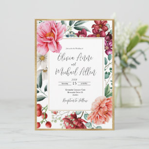 Hübsche Pink Peonies Floral Gold Hochzeit Einladung