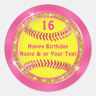 Hübsche Pink- und Gold-Geburtstags-Softball-Stick Runder Aufkleber