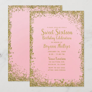 Hübsche Pinke und goldene Glitterkante Sweet 16 Pa Einladung