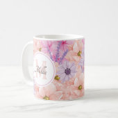 hübsche pinkfarbene Aquarellfarben-Blume mit Monog Kaffeetasse (Vorderseite Links)