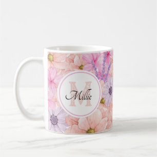 hübsche pinkfarbene Aquarellfarben-Blume mit Monog Kaffeetasse