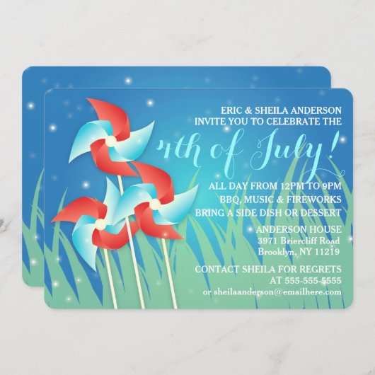 Hübsche Pinwheels 4. Juli Piknic Einladungen (Vorne/Hinten)