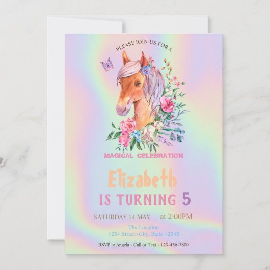 Hübsche Pony-Blume Holographic Birthday Einladung (Vorderseite)