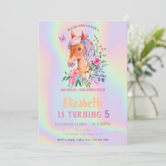 Hübsche Pony-Blume Holographic Birthday Einladung (Stehend Vorderseite)