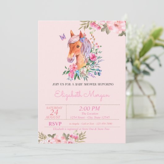 Hübsche Pony Floral Baby Dusche Einladung (Stehend Vorderseite)