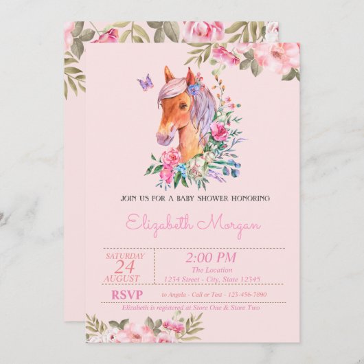 Hübsche Pony Floral Baby Dusche Einladung (Vorne/Hinten)