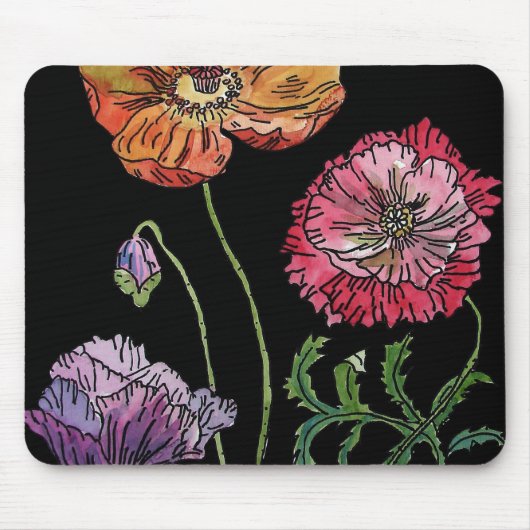 Hübsche Poppies auf Schwarzer Wasserfarbenmalerei Mousepad (Vorne)