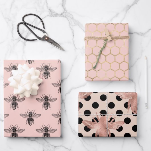 Hübsche Princess Bee rosa schwarz und gold Geschenkpapier Set (Vorderseite)
