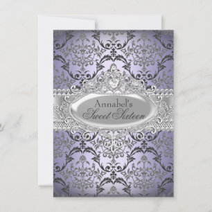 Hübsche Purple & Silver Damast Sweet 16 Einladung