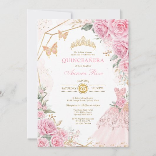 Hübsche Quinceañera Pink Gold Rose Quince Princess Einladung (Vorderseite)