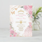 Hübsche Quinceañera Pink Gold Rose Quince Princess Einladung (Stehend Vorderseite)