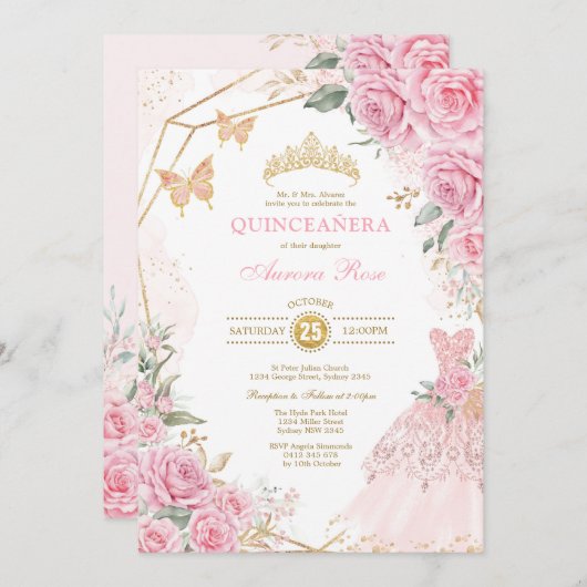 Hübsche Quinceañera Pink Gold Rose Quince Princess Einladung (Vorne/Hinten)