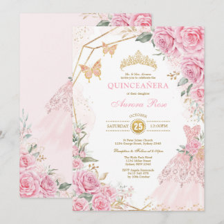 Hübsche Quinceañera Pink Gold Rose Quince Princess Einladung