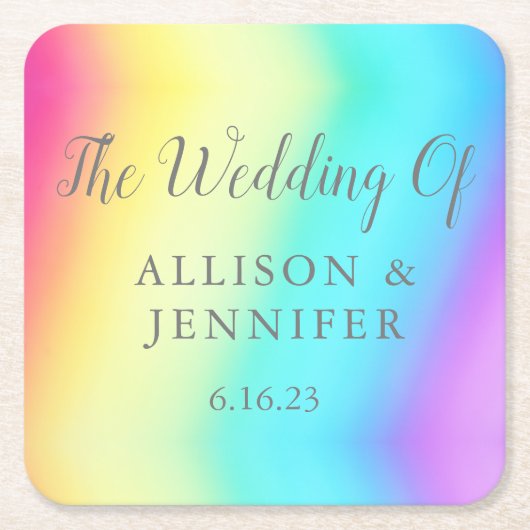 Hübsche Rainbow Fade Personalisierte LGBTQ Hochzei Rechteckiger Pappuntersetzer (Vorderseite)