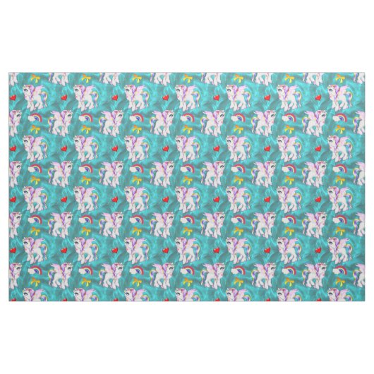 Hübsche Rainbow Unicorns auf Aqua Stoff (Fat Quarter (45,7 x 55,9 cm))