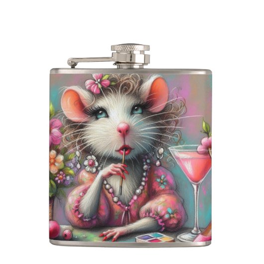 Hübsche Rattendame mit Martini-Beatmung Flachmann (Vorderseite)