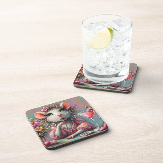 Hübsche Rattendame mit Martini-Beatmung Getränkeuntersetzer (Rechte Seite)