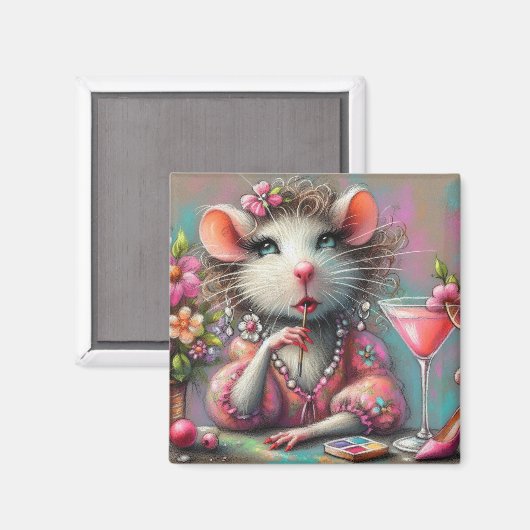 Hübsche Rattendame mit Martini-Beatmung Magnet (Vorderseite/Rückseite)