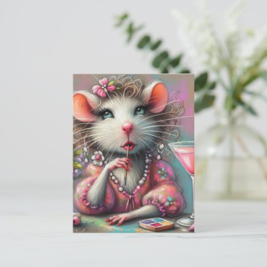 Hübsche Rattendame mit Martini-Beatmung Postkarte (Stehend Vorderseite)
