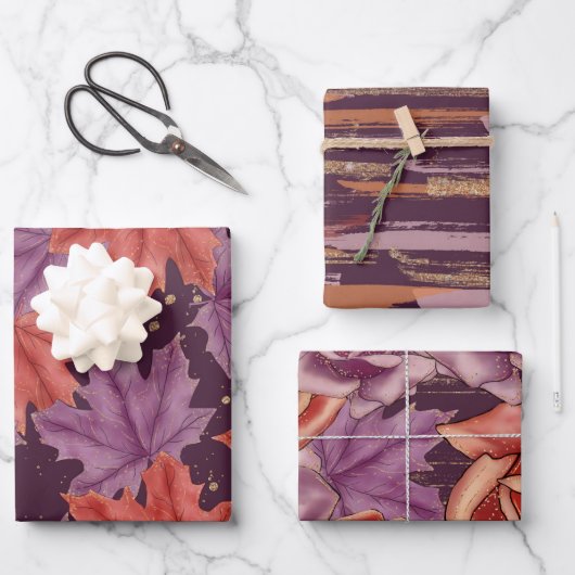 HÜBSCHE RED & LILA HERBSTLAUBE UND BLUME GESCHENKPAPIER SET (Vorderseite)