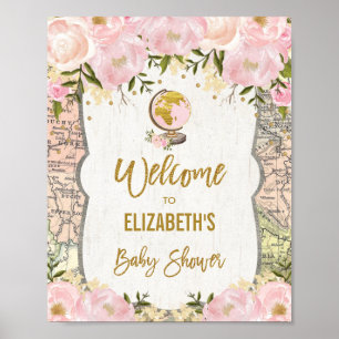 Hübsche Reisekarte Kinderdusche Rosa Blume Willkom Poster