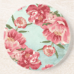 Hübsche Retro-Blume Chintz Peonies Personalisiert Sandstein Untersetzer