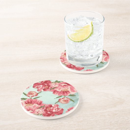 Hübsche Retro-Blume Chintz Peonies Personalisiert Sandstein Untersetzer (Seite)