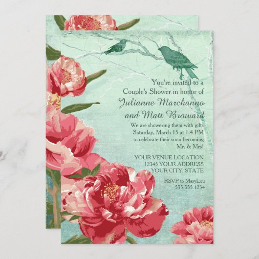 Hübsche Retro Blume Paare Dusche Chintz Peonies Einladung (Vorne/Hinten)